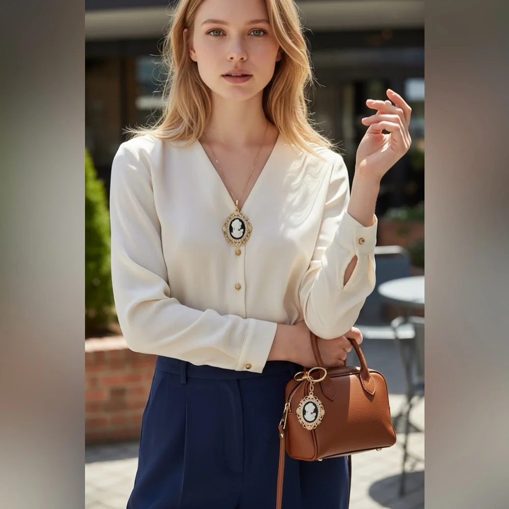Cameo Portrait Keychain, Bag Charm or Necklace Charm in Black and‎ Gold